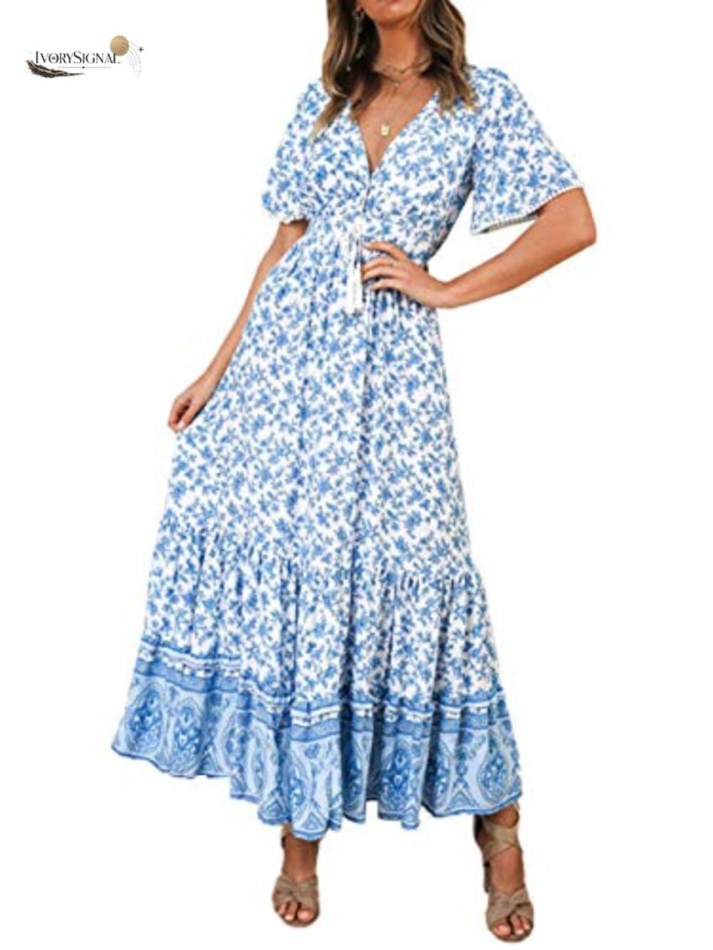 R.Vivimos Womens Summer V Neck Floral Print Boho Midi Dress